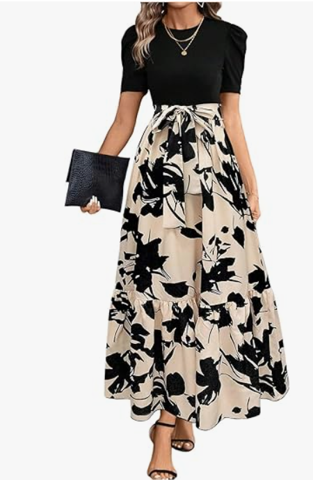 Women's Floral Print Color Block Maxi Dress Puff Sleeve Belted A Line Dresses